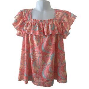 New Peek Kids Girls Size 8 Pink Blue Psychedelic Print Ruffle Top